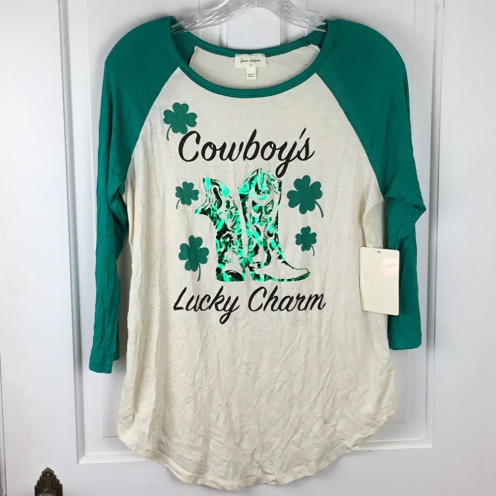 Western Women’s Cowboy Theme T-shirt Lucky Charm Retro Raglan Shamrock Tee Sz M